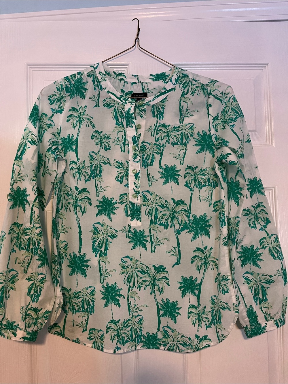 Talbots White Blouse with Green Palm-Print Button Front